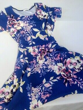 Le Lis Royal Blue Floral Open-Shoulder Skater Mini Dress - Size M